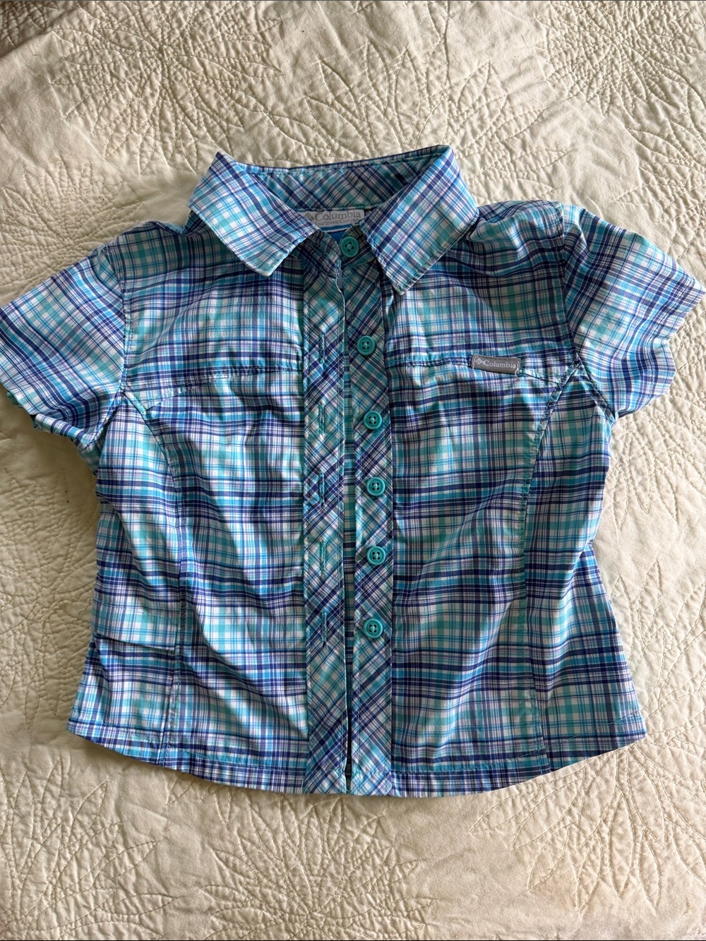 Columbia Girls' Turquoise & Navy Plaid Short-Sleeve Button-Down Shirt
